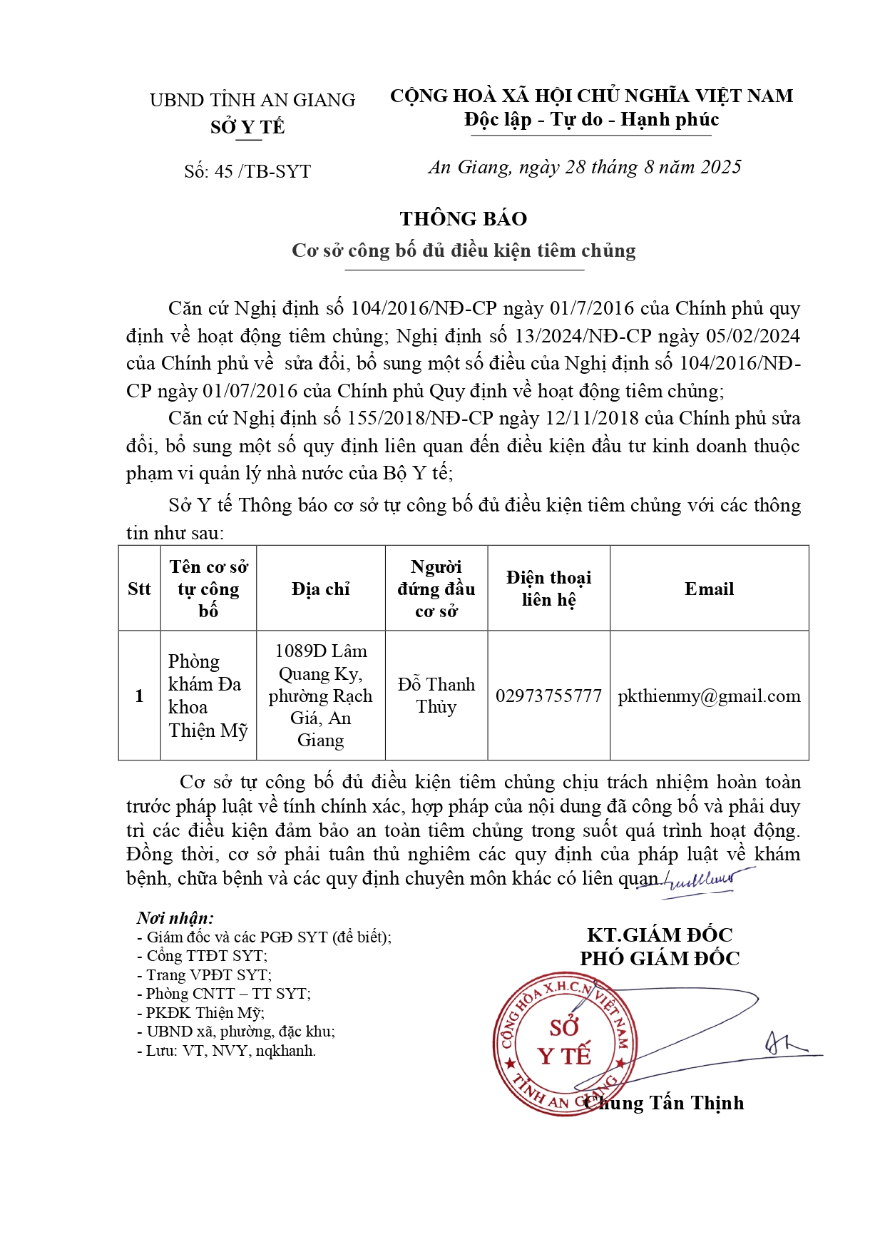 THÔNG BÁO CÔNG BỐ CƠ SỞ ĐỦ ĐIỀU KIỆN TIÊM CHỦNG